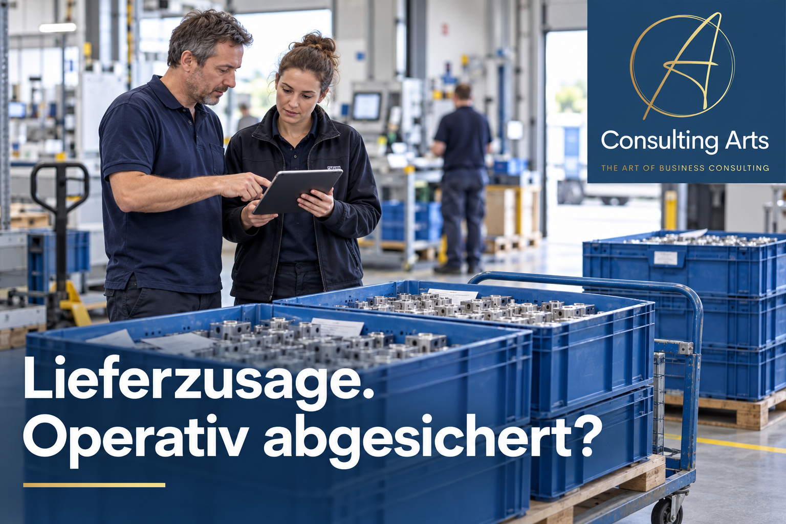 KI-generiertes Industriemotiv: Zwei Beschäftigte prüfen auf einem Tablet die Lieferbereitschaft neben Behältern mit Bauteilen. Claim: Lieferzusage. Operativ abgesichert?