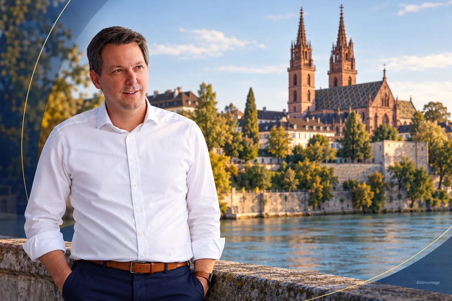 Bildmontage: Oliver Arts vor dem Basler Münster am Rhein