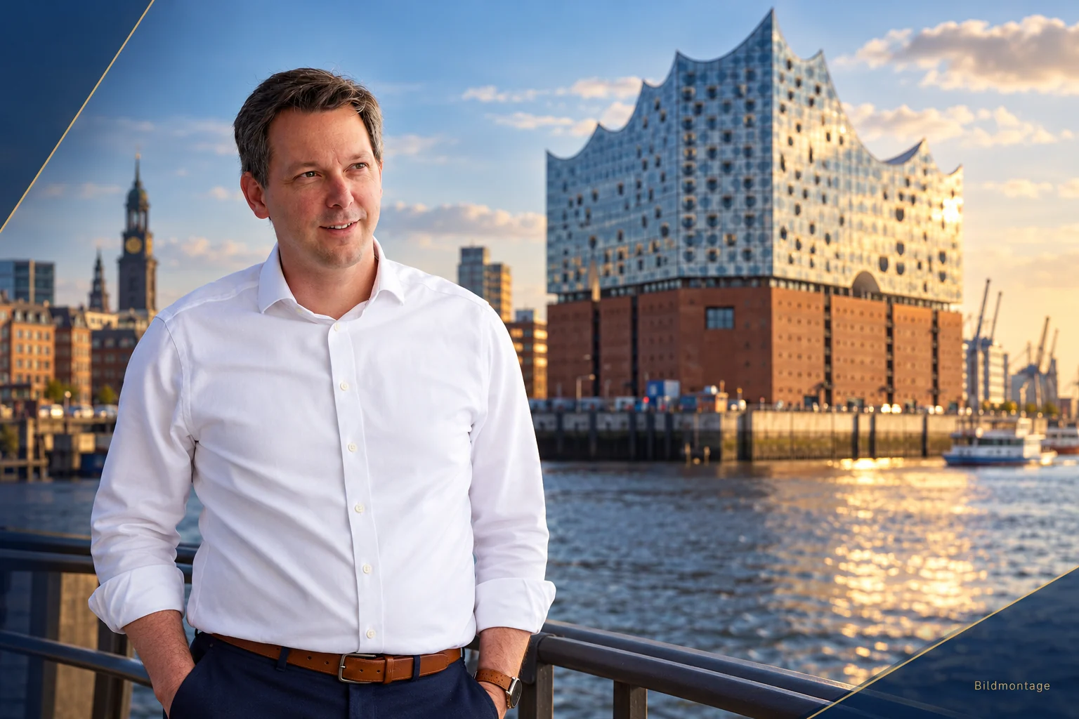 Bildmontage: Oliver Arts vor der Elbphilharmonie in Hamburg